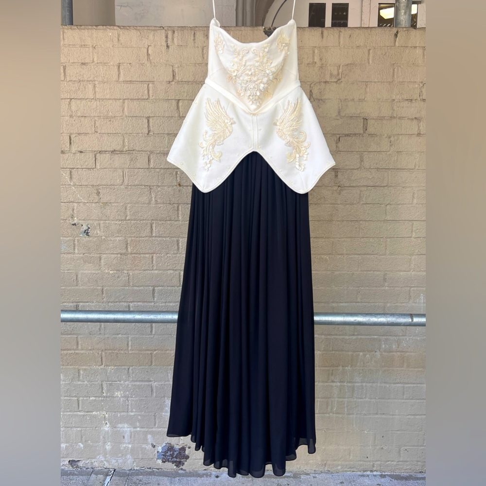 LBV Elizabeth Kennedy Ivory/Black Couture Sequined Phoenix Peplum Silk Gown